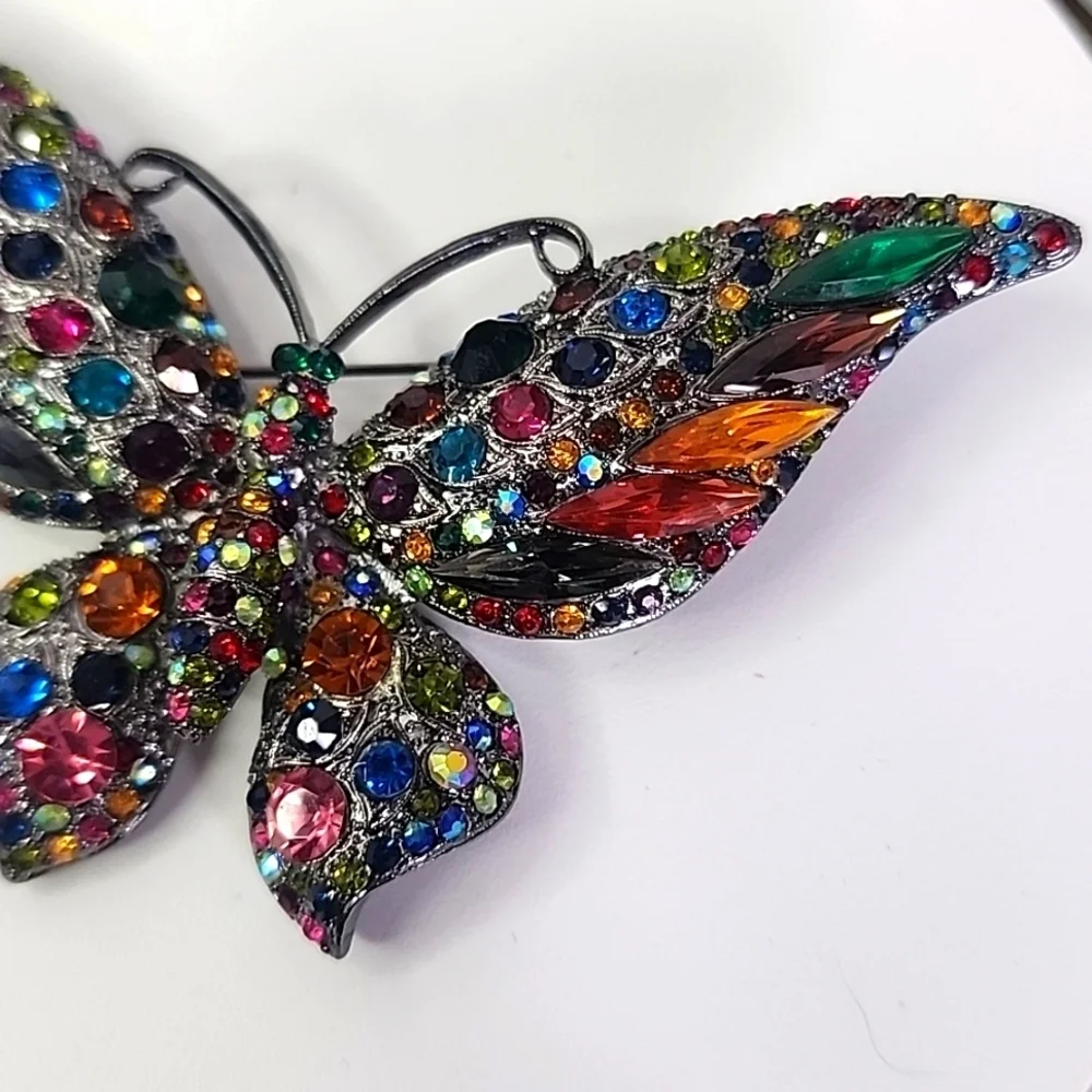 Large Silver Statement Butterfly Pin Brooch Multi Color Crystal Rhinestones New